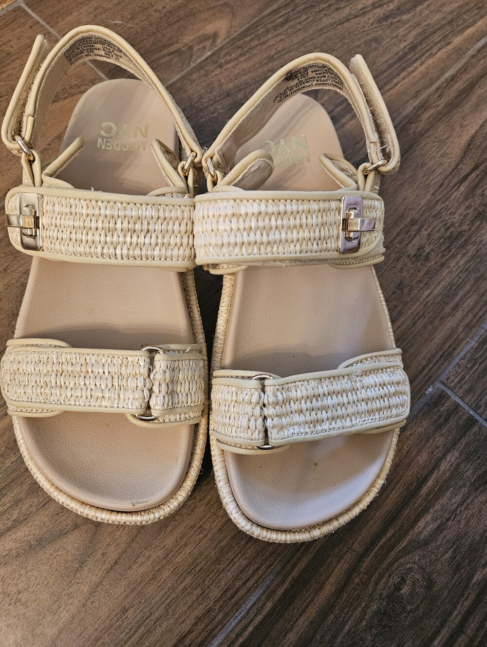 Madden NYC Beige Raffia Woven Double Strap Sport Sandals Gold Hardware